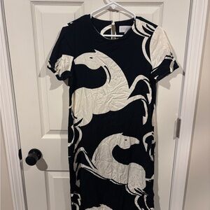 Corey Lynn Calter Black and Cream Horse Print Midi Dress